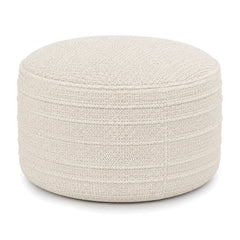 Cream Bouclé-Style Fine-Rib Round Pouf Ottoman by Primeval on white background