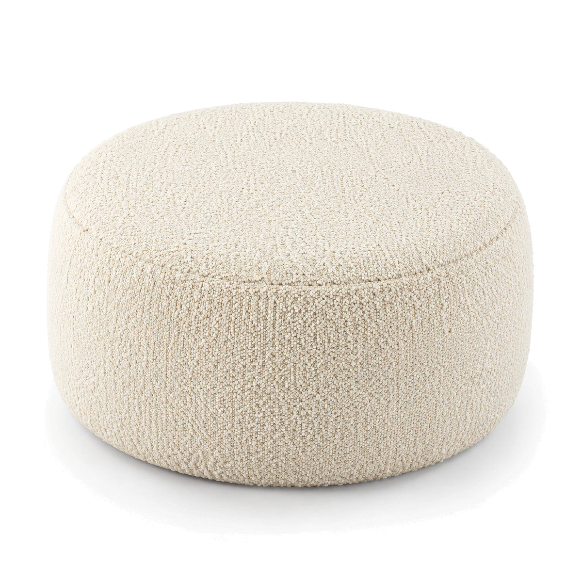 Cream Bouclé Low Round Pouf Ottoman by Primeval on white background