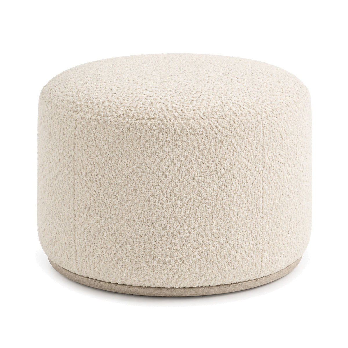 Cream Bouclé Upholstered Cylinder Pouf Ottoman by Primeval on white background
