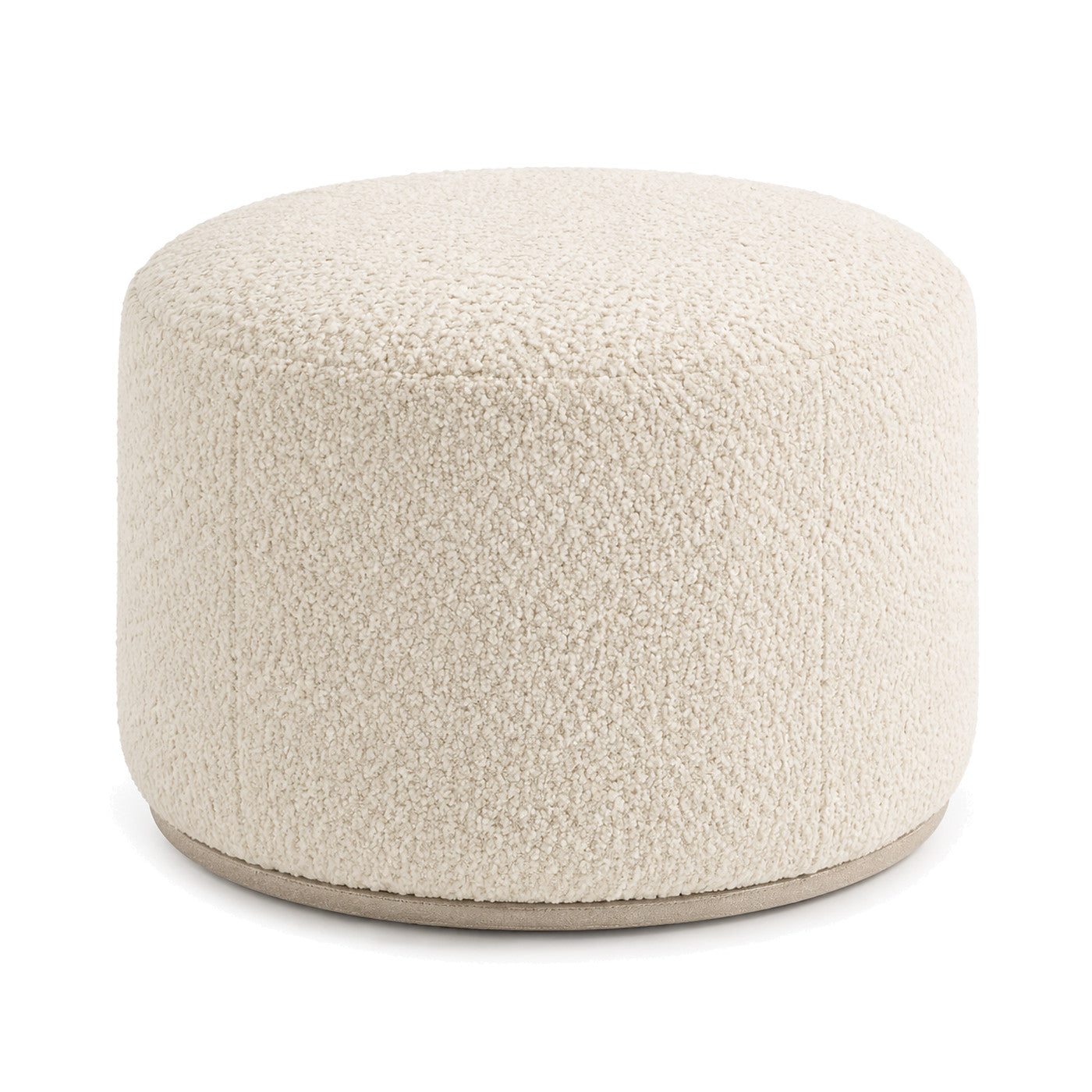 Cream Bouclé Upholstered Cylinder Pouf Ottoman by Primeval on white background