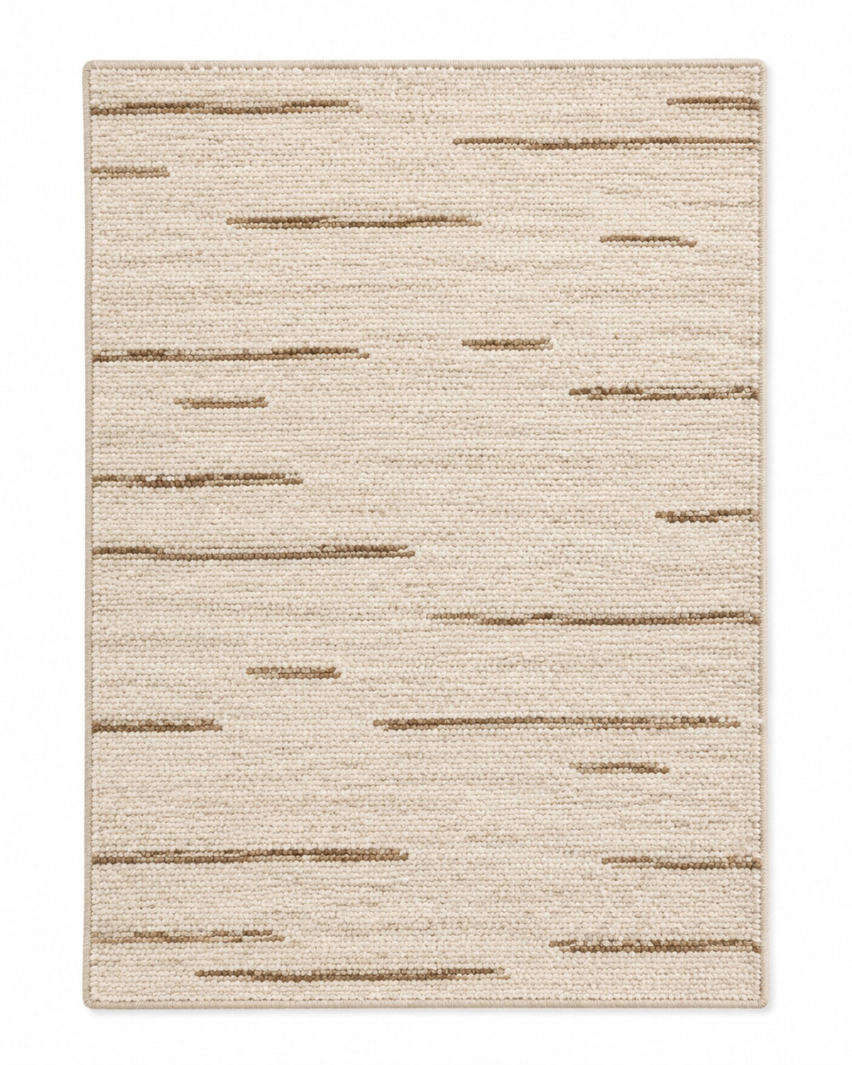 Cream area rug with scattered taupe broken horizontal stripes and understated texture