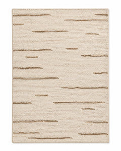 Cream area rug with scattered taupe broken horizontal stripes and understated texture