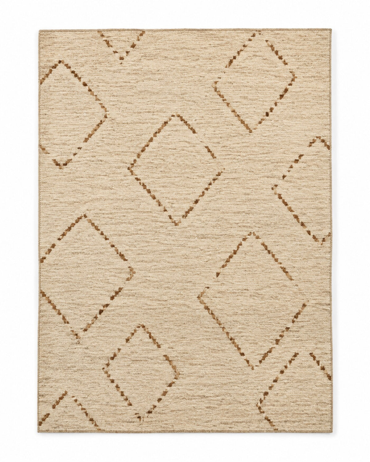 Cream area rug with brown broken diamond motifs and relaxed geometric styling
