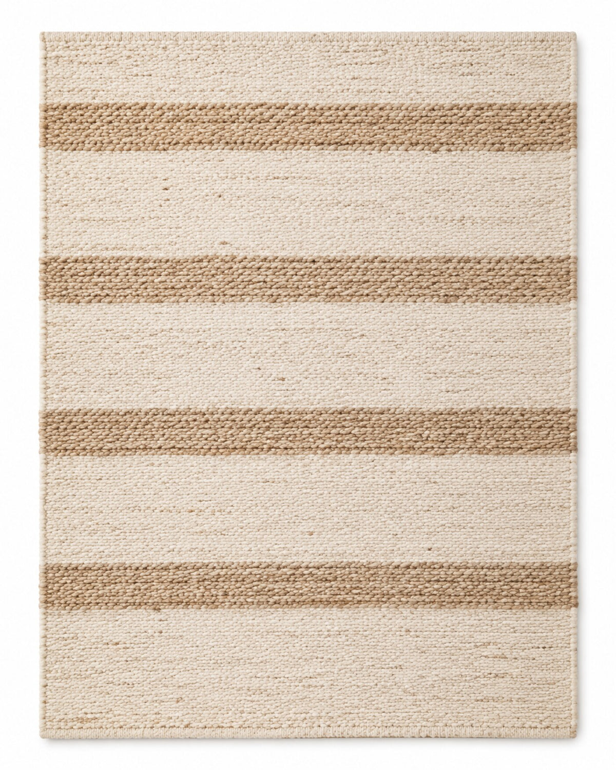 Cream area rug with broad brown horizontal stripes and warm relaxed neutral styling
