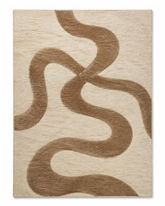 Cream area rug with thick brown organic squiggle lines and playful abstract movement