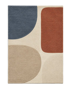 Cream dusty blue and rust soft block abstract rug for wholesale sourcing from India