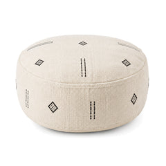 Cream Minimal Boho Embroidered Round Pouf Ottoman by Primeval on white background