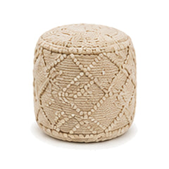Cream raised diamond textured European style cylinder pouf ottoman on white background