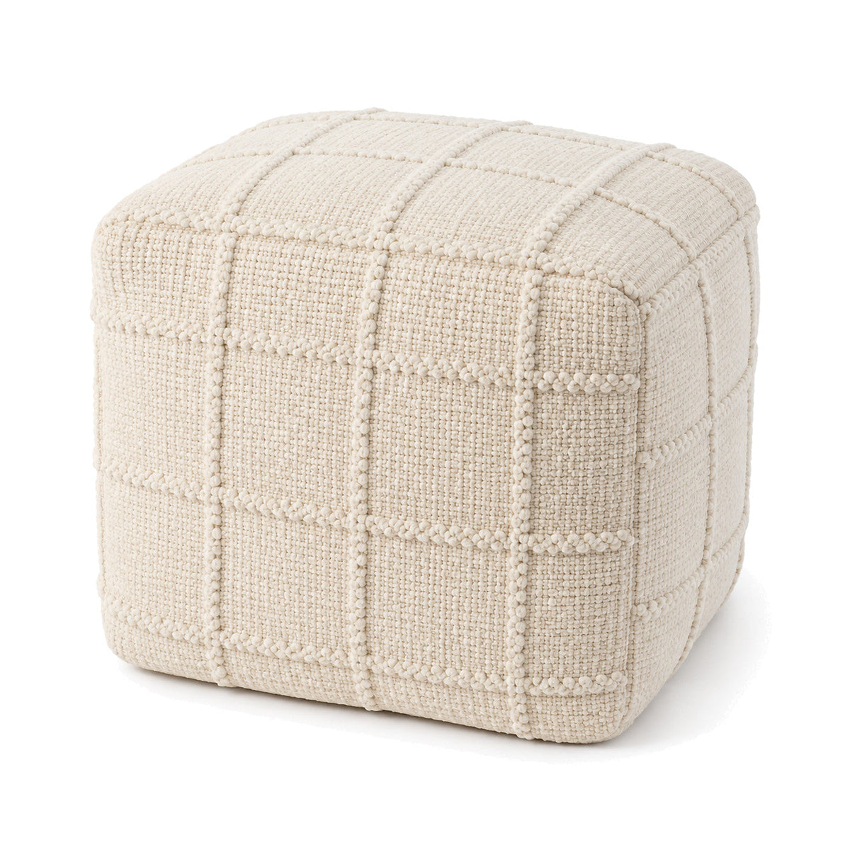 Cream Raised Grid Tufted Cube Pouf Ottoman by Primeval on white background