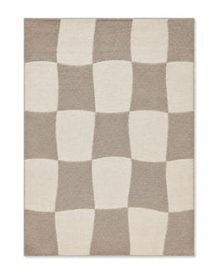 Cream and taupe soft wave checkerboard rug for wholesale sourcing from India