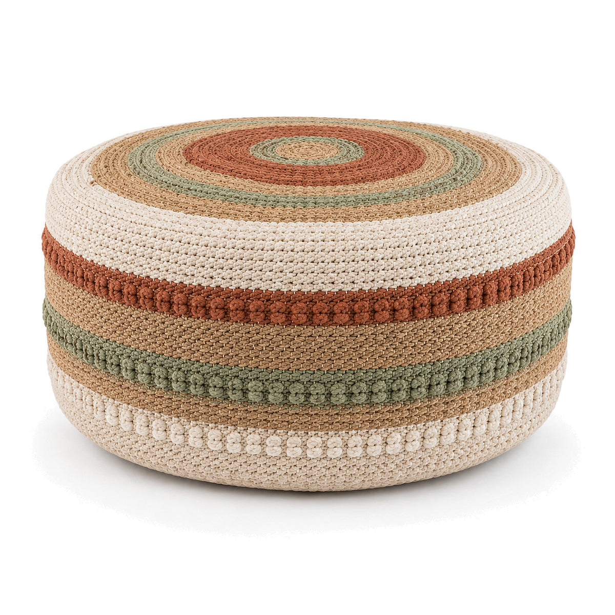 Cream, Terracotta & Sage Braided Round Pouf by Primeval on white background