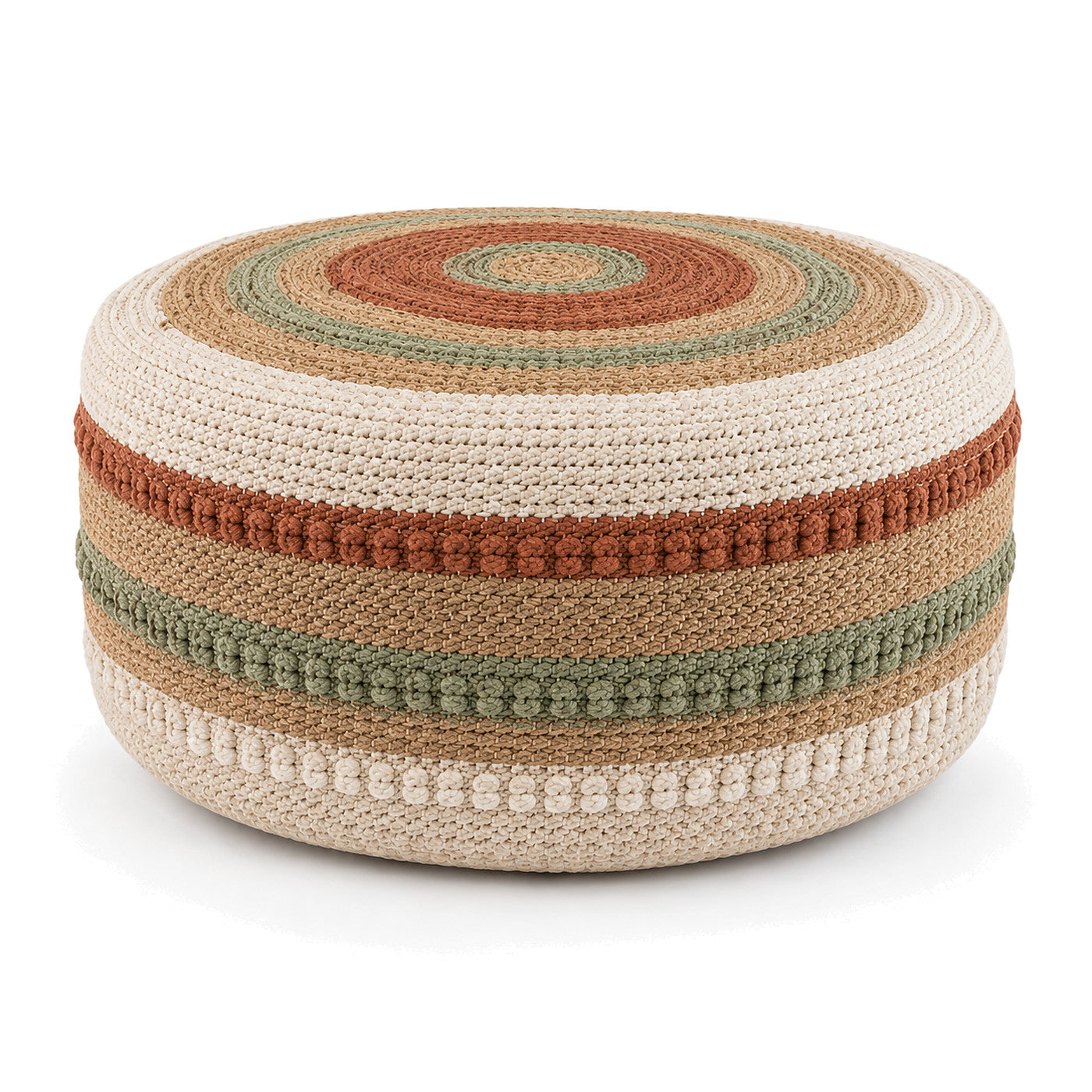 Cream, Terracotta & Sage Braided Round Pouf by Primeval on white background