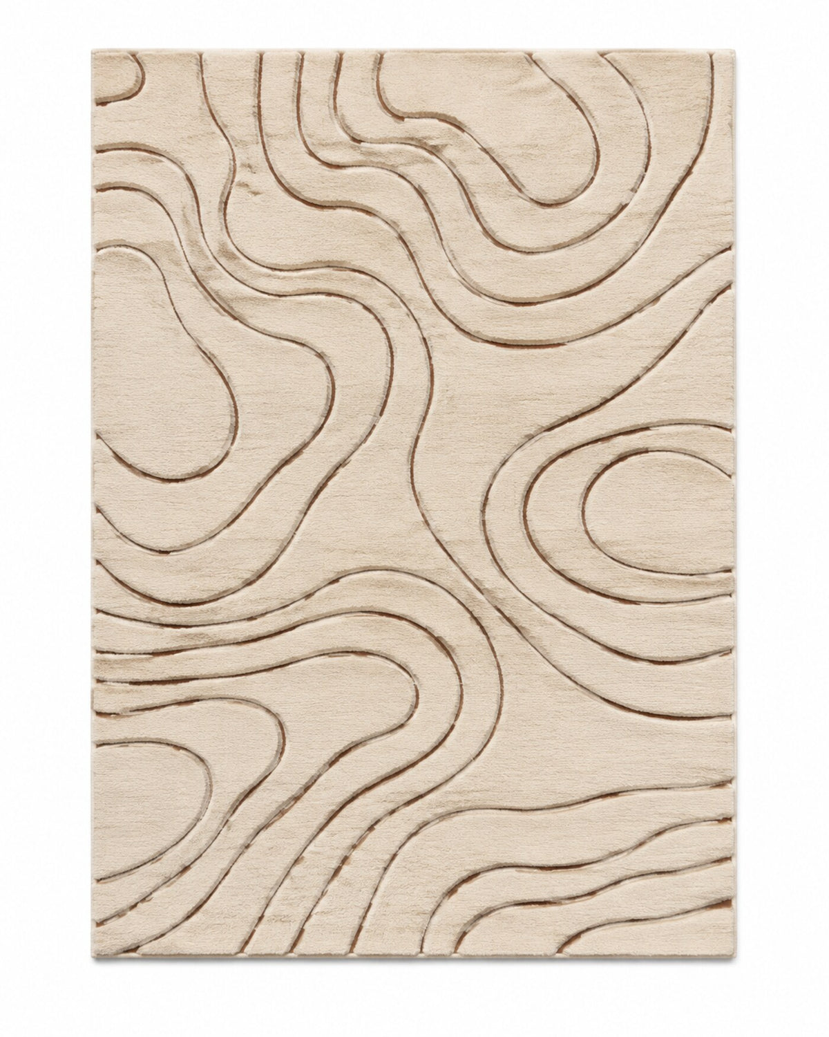 Cream area rug with flowing brown topographic contour lines and organic abstract pattern