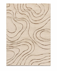 Cream area rug with flowing brown topographic contour lines and organic abstract pattern