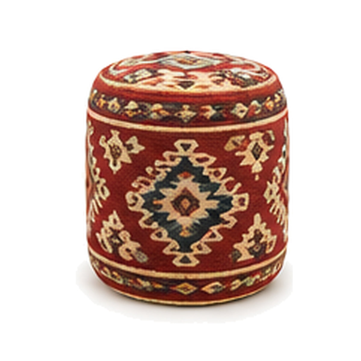 Deep rust blue and ivory diamond wool kilim cylinder pouf ottoman on white background