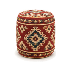 Deep rust blue and ivory diamond wool kilim cylinder pouf ottoman on white background