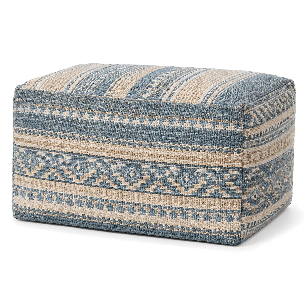 Dusty Blue & Beige Geometric Woven Rectangular Pouf by Primeval on white background