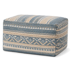 Dusty Blue & Beige Geometric Woven Rectangular Pouf by Primeval on white background