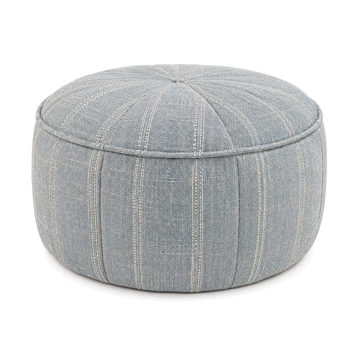 Dusty Blue & Cream Pinstripe Stitched Round Pouf Ottoman by Primeval on white background