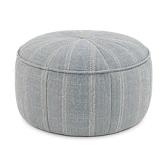 Dusty Blue & Cream Pinstripe Stitched Round Pouf Ottoman by Primeval on white background