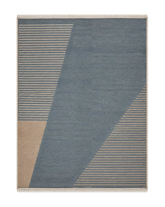Dusty blue and beige geometric wool area rug for wholesale sourcing from India