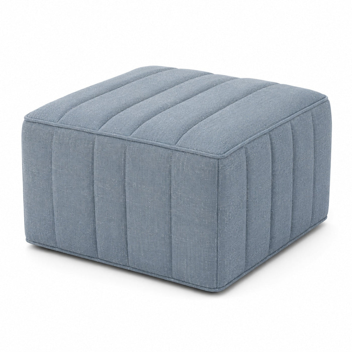 Dusty Blue Channel-Stitched Square Pouf Ottoman on white background