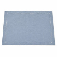 Dusty blue solid placemat with white contrast stitched border and corner cross details by Primeval