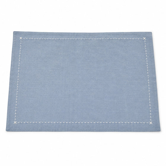 Dusty blue solid placemat with white contrast stitched border and corner cross details by Primeval