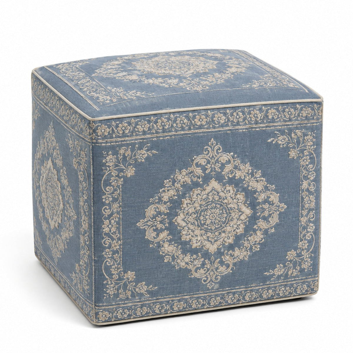 Dusty Blue & Gold Ornate Medallion Jacquard Cube Pouf Ottoman on white background