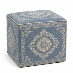Dusty Blue & Gold Ornate Medallion Jacquard Cube Pouf Ottoman on white background