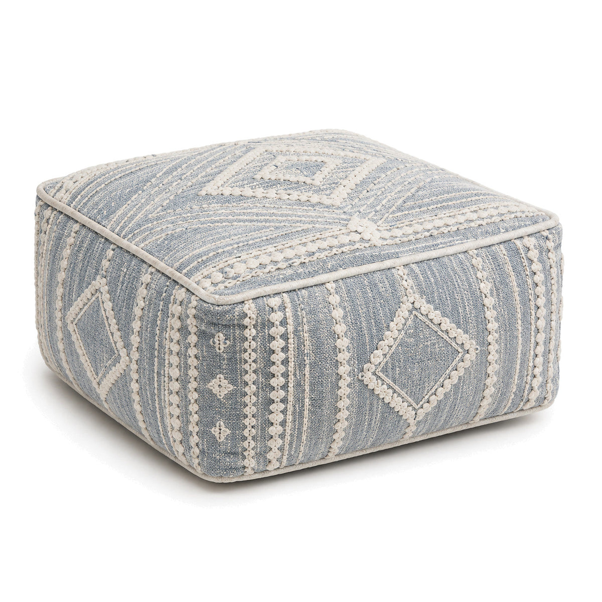 Dusty Blue & Ivory Embroidered Geometric Cube Pouf by Primeval on white background
