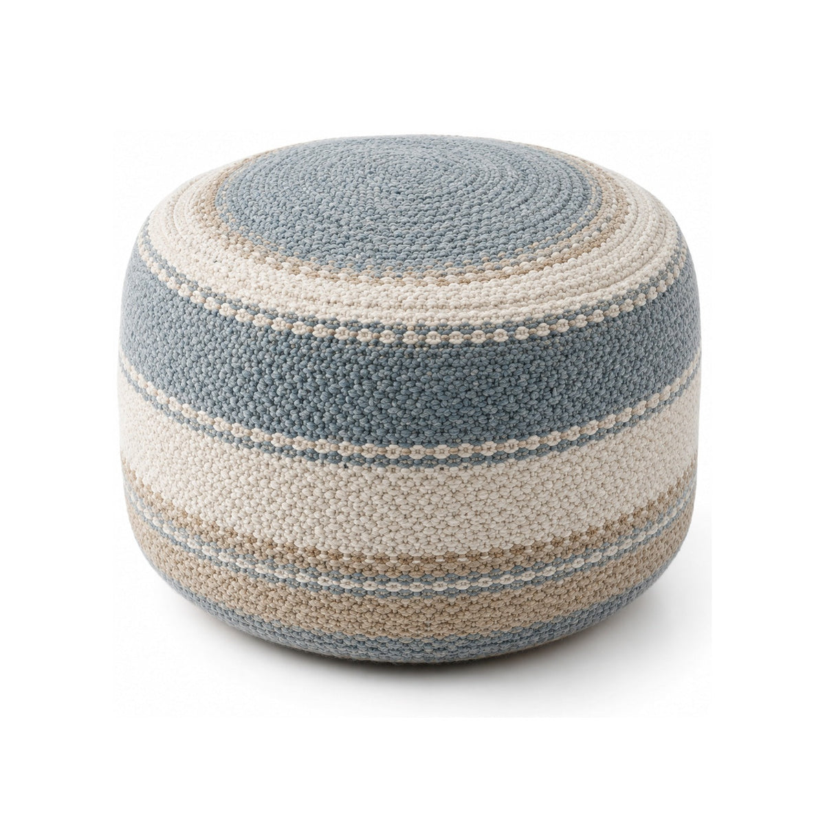 Dusty Blue, Ivory & Natural Stripe Knit Round Pouf Ottoman on white background