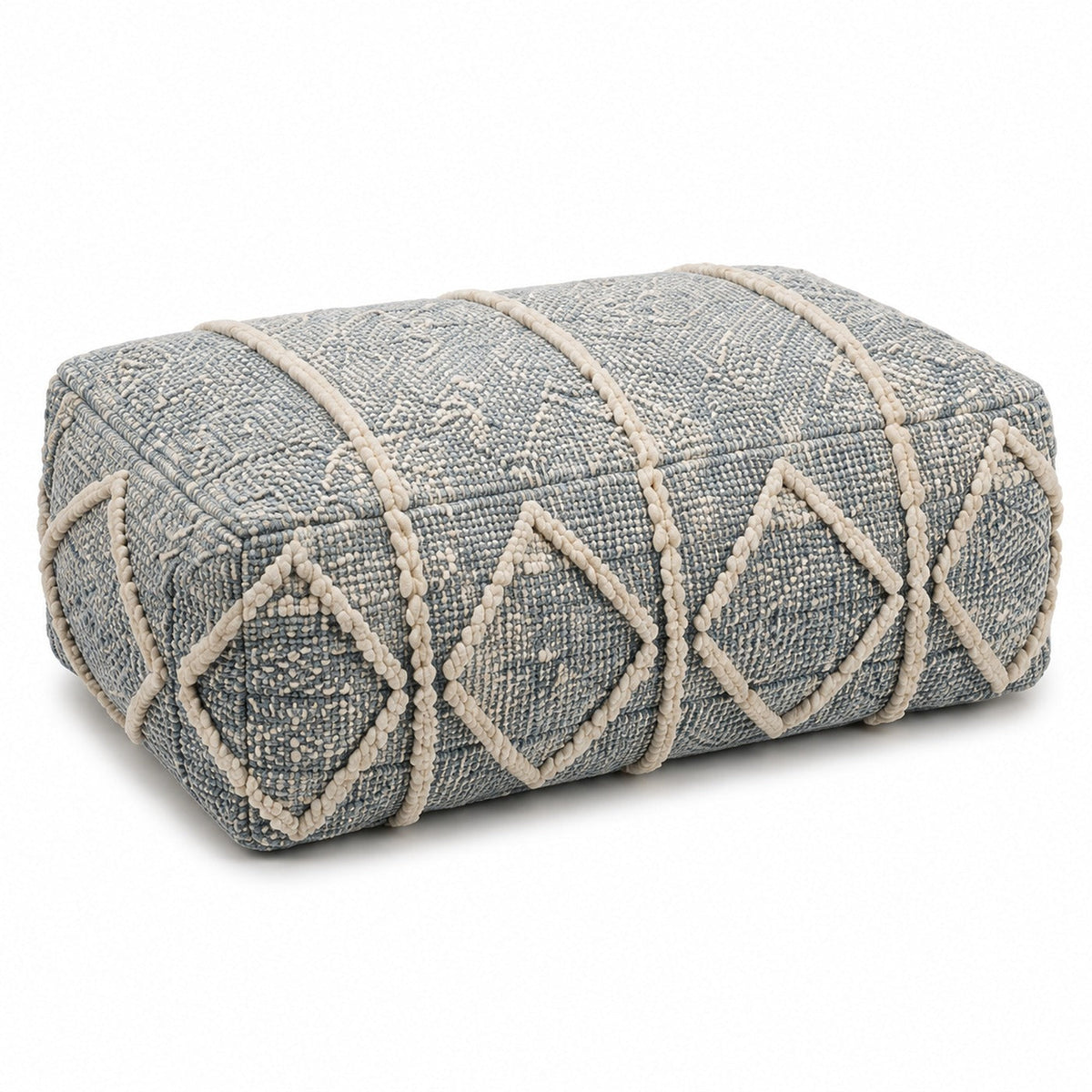 Dusty Blue & Ivory Raised Diamond Tufted Rectangular Pouf Ottoman on white background
