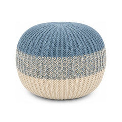 Dusty Blue & Ivory Two-Tone Knit Round Pouf Ottoman on white background