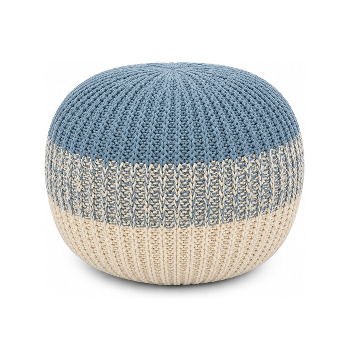Dusty Blue & Ivory Two-Tone Knit Round Pouf Ottoman on white background