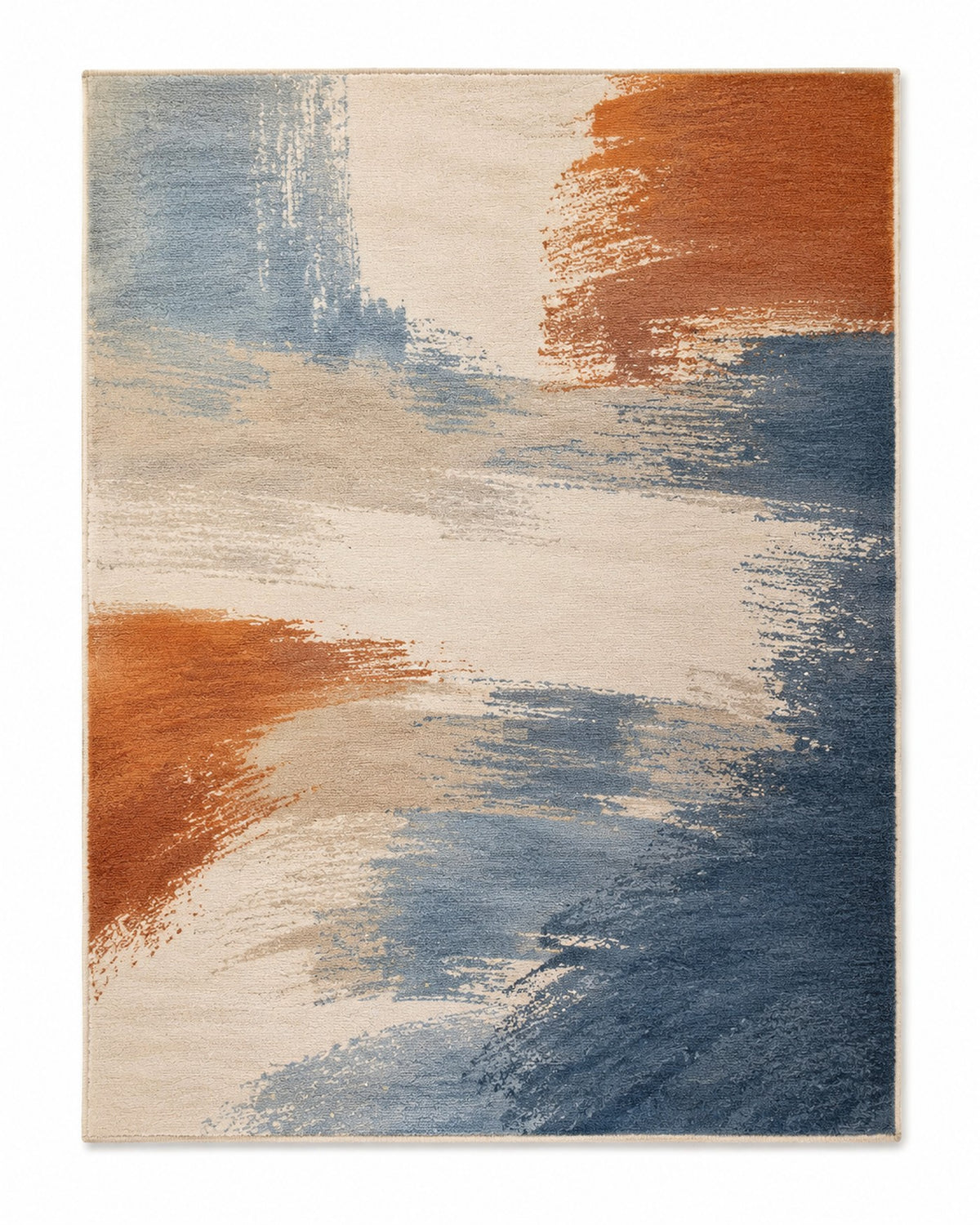 Dusty blue, rust and cream abstract brushstroke area rug for wholesale sourcing from India