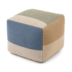 Dusty Blue, Sage & Natural Colour-Block Woven Cube Pouf by Primeval on white background
