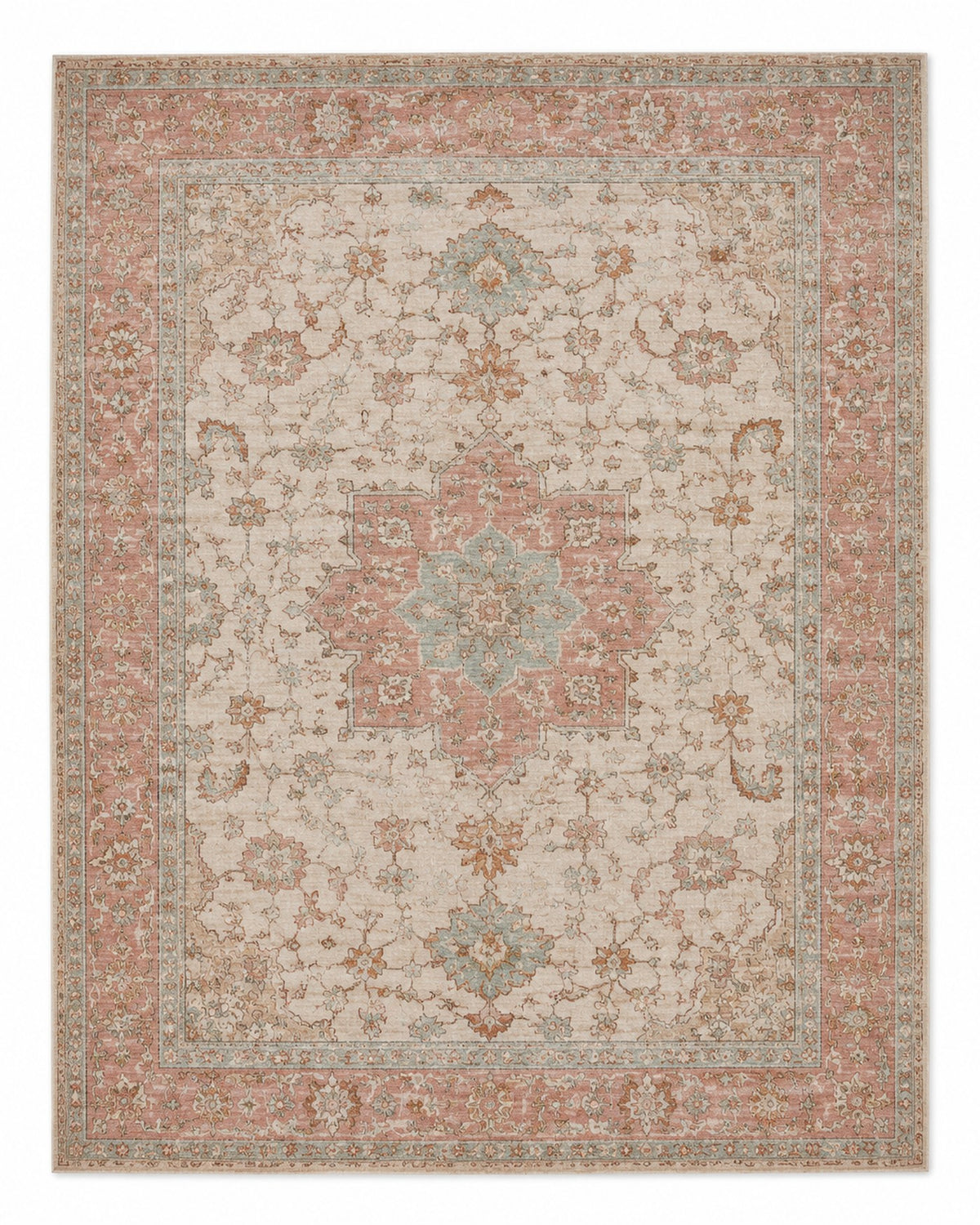 Faded decorative area rug with dusty rose border and medallion, muted aqua floral accents, rust details and beige field