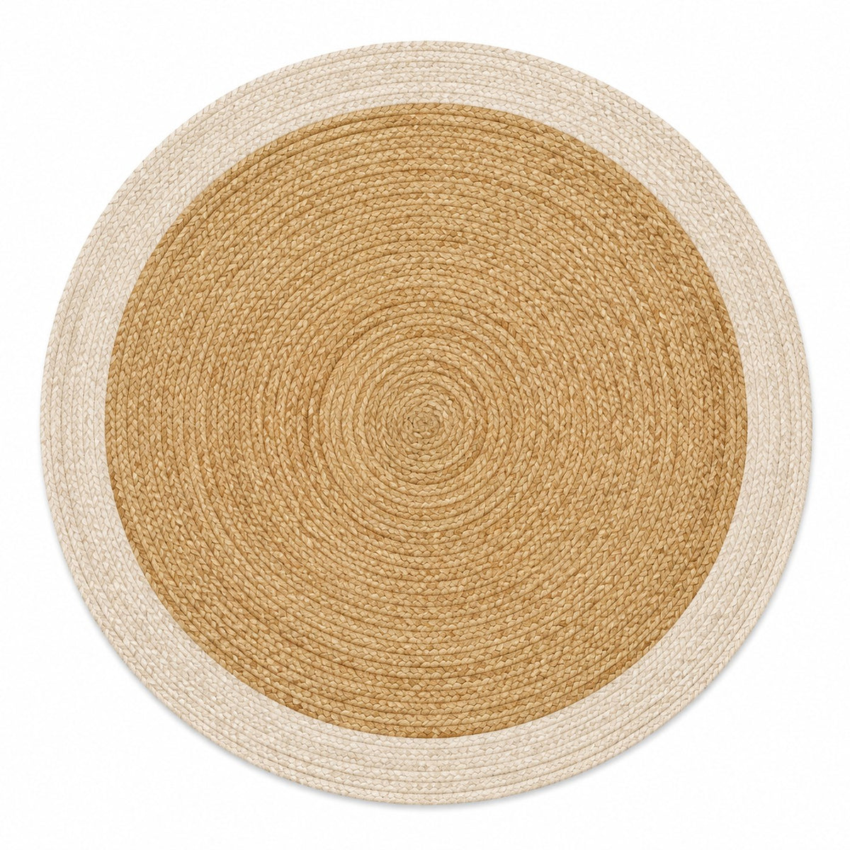 Golden round jute rug with cream border for wholesale and private label buyers