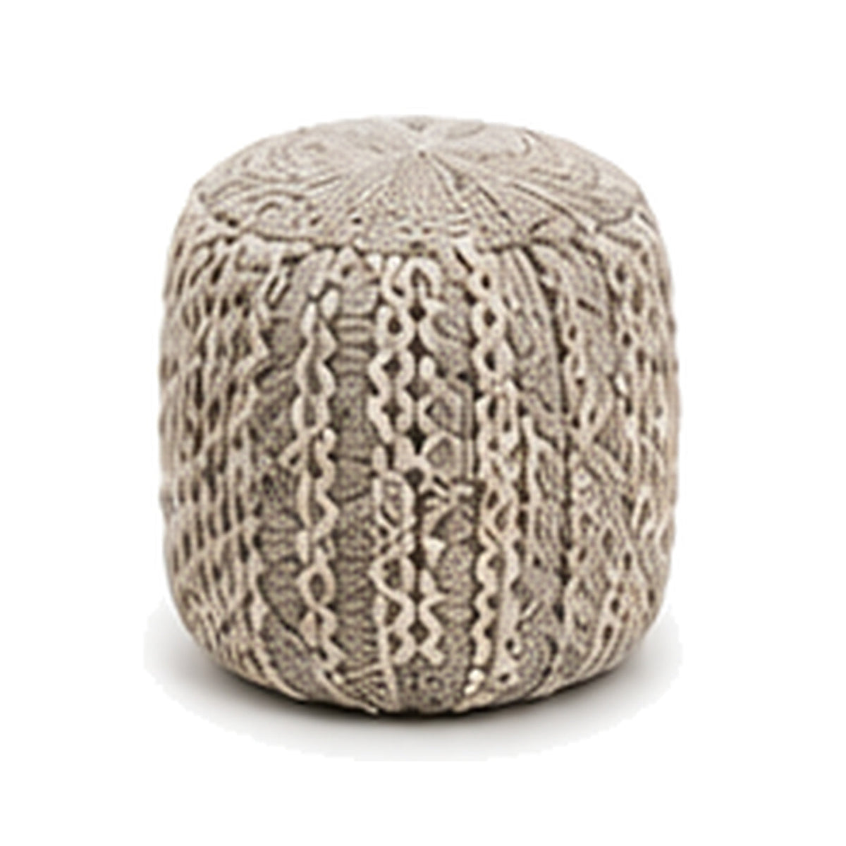 Grey and ivory cable textured European style cylinder pouf ottoman on white background
