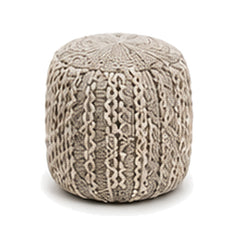 Grey and ivory cable textured European style cylinder pouf ottoman on white background