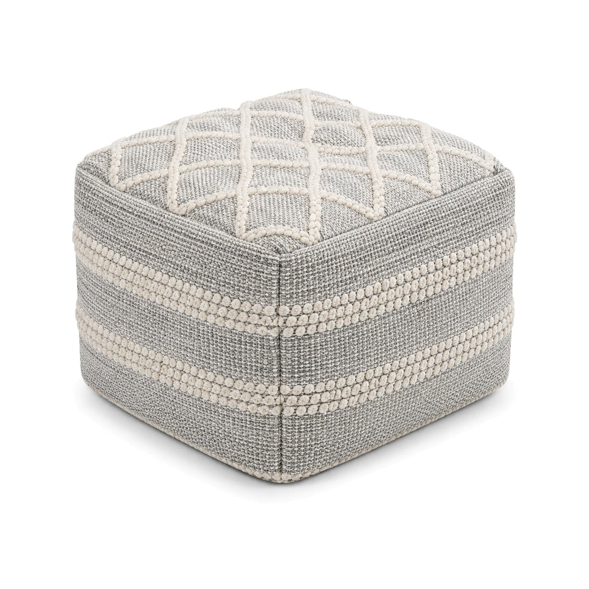 Grey and ivory diamond textured cube pouf ottoman on white background