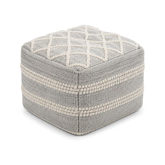 Grey and ivory diamond textured cube pouf ottoman on white background