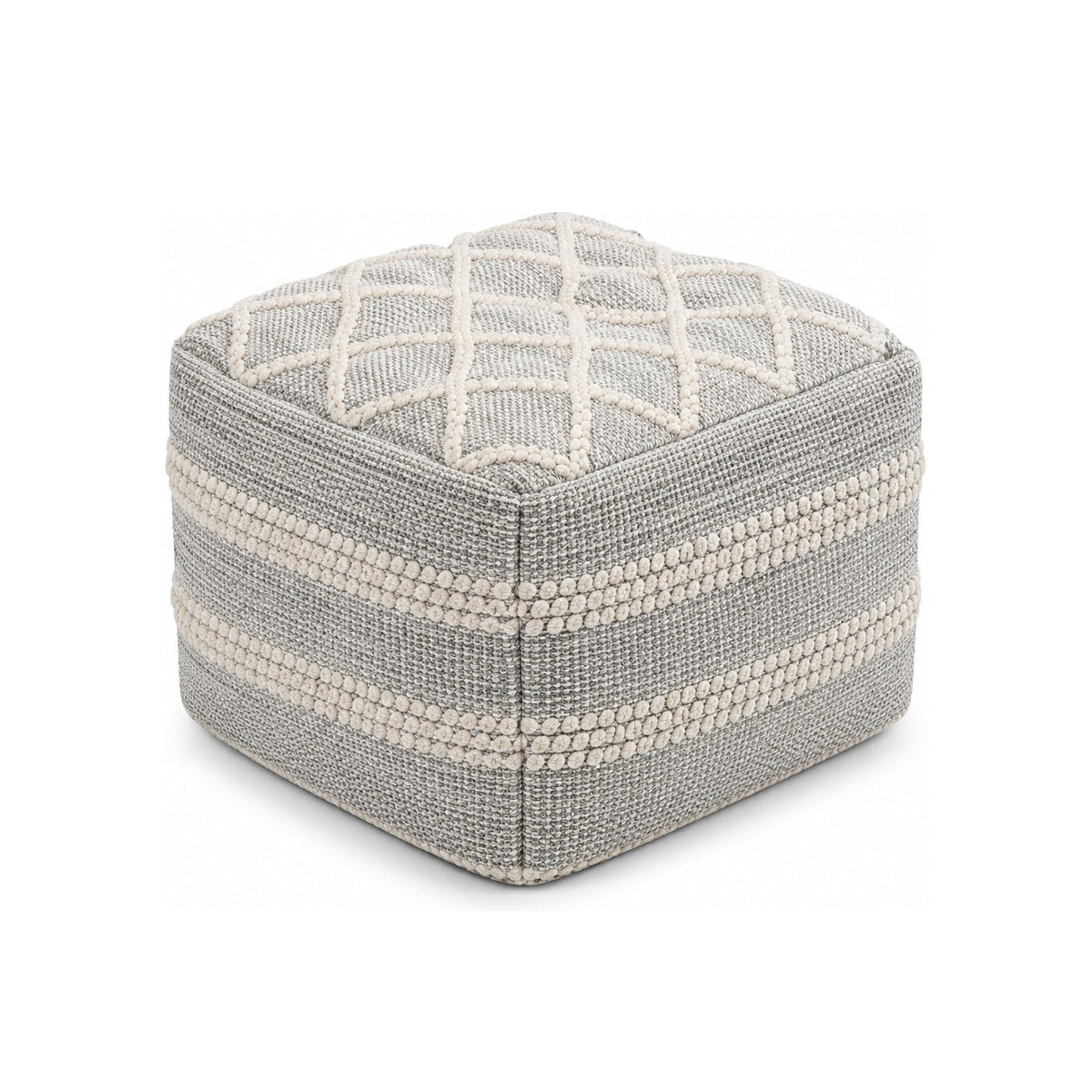 Grey & Ivory Woven Stripe Cube Pouf Ottoman on white background