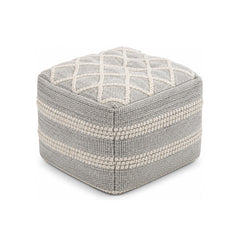 Grey & Ivory Woven Stripe Cube Pouf Ottoman on white background