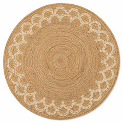 Handwoven natural round jute rug with scalloped detail for wholesale buyers