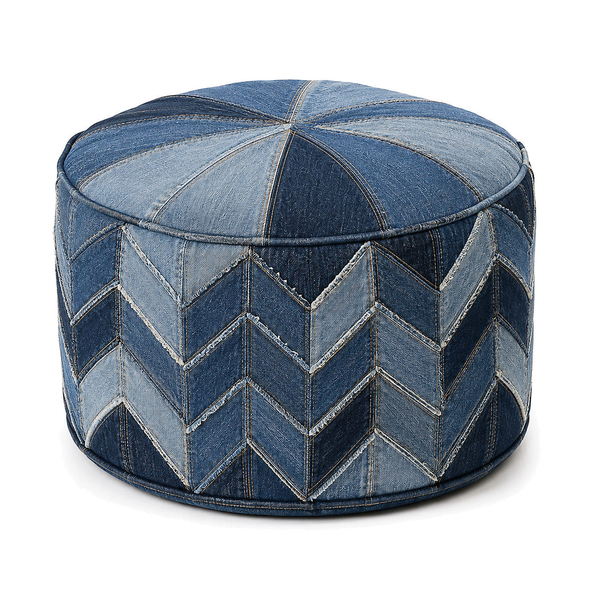 Indigo Denim Chevron Patchwork Round Pouf by Primeval on white background