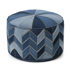 Indigo Denim Chevron Patchwork Round Pouf by Primeval on white background