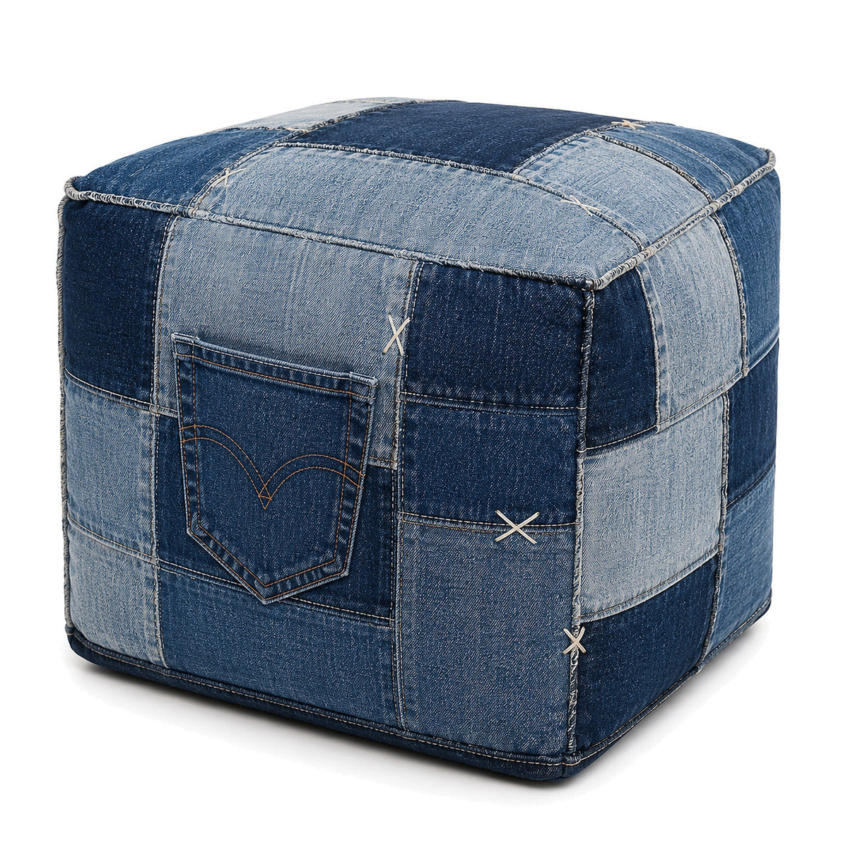 Indigo Denim Patchwork Cube Pouf with Pocket by Primeval on white background
