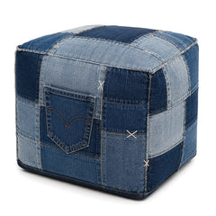 Indigo Denim Patchwork Cube Pouf with Pocket by Primeval on white background